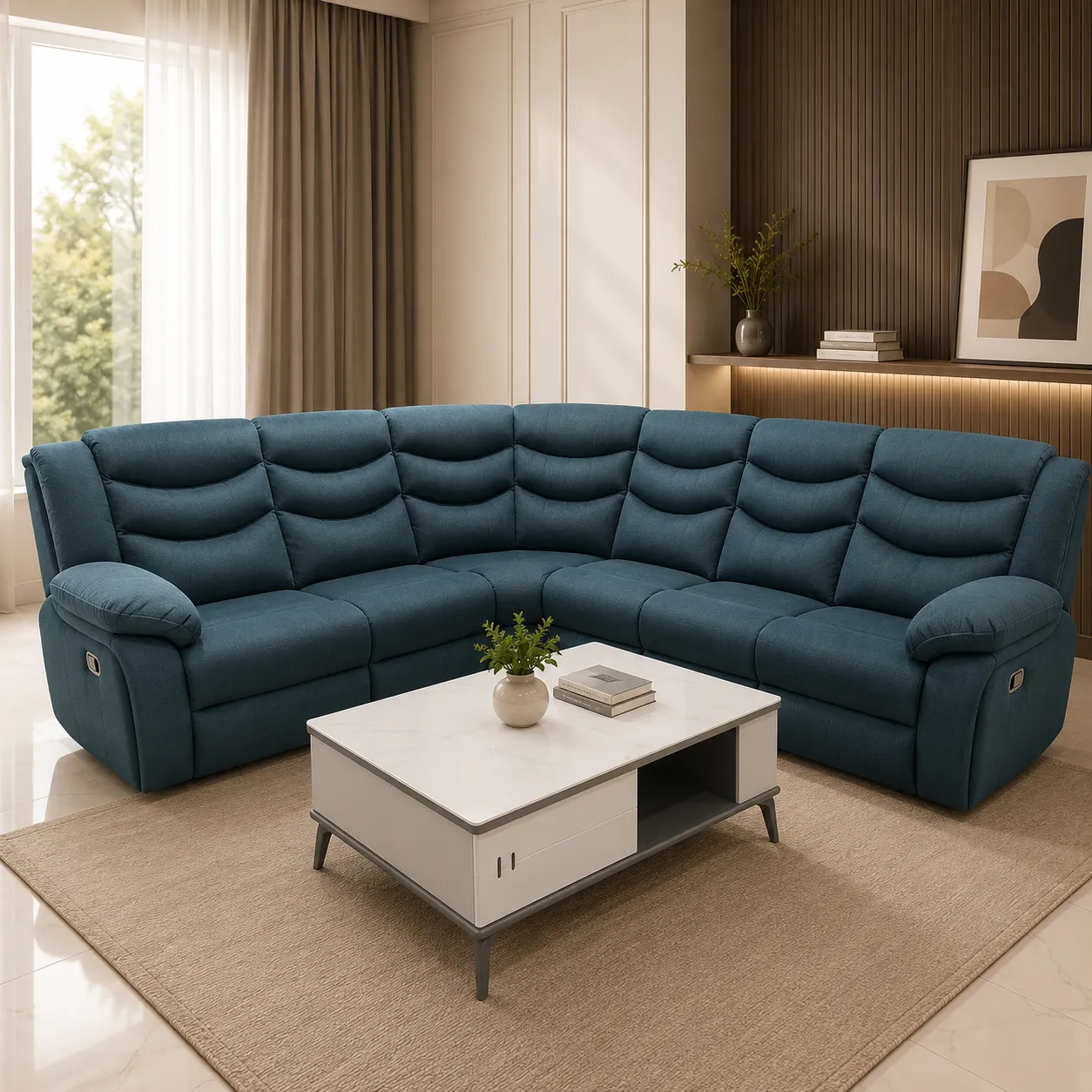 Title Premium L-Shape Recliner Corner Sofa with Plush Cushioning – Ocean Blue