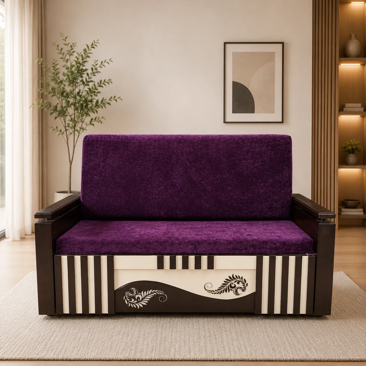 Wooden Sofa Cum Bed with Cushioned Seating