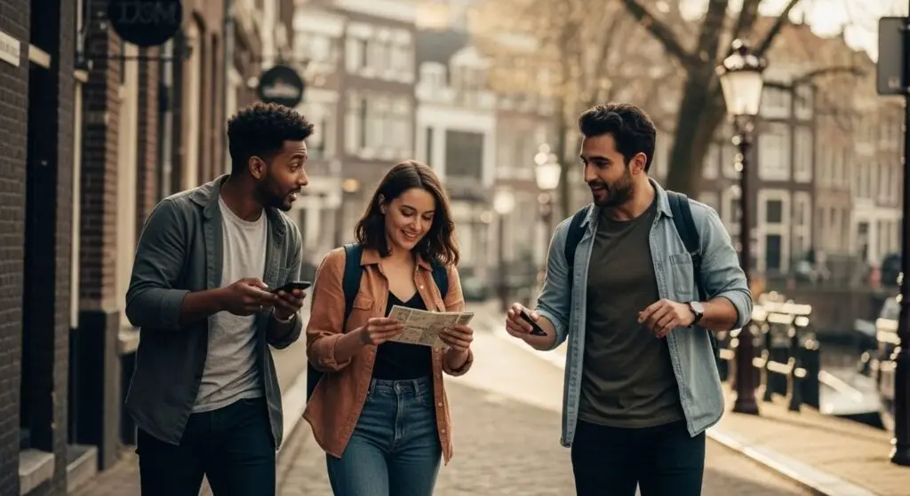 Three players walking along a canal in an outdoor escape game, comparing a paper map with the clues on their phones
