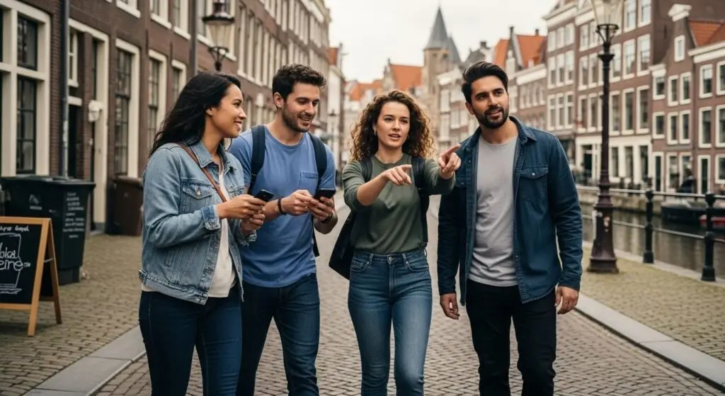 Four friends walking a cobbled old-town street, comparing notes between clues