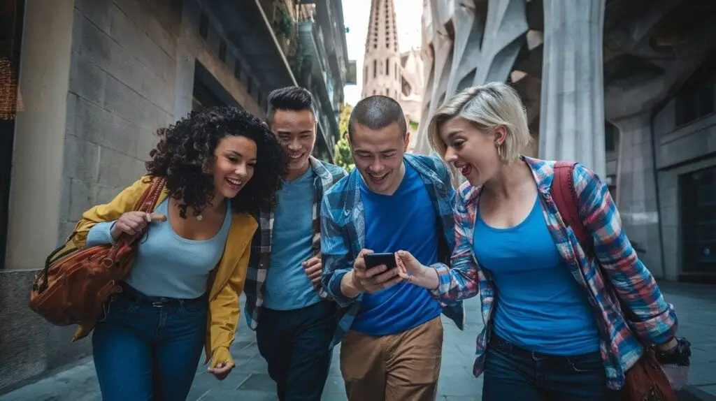 Four friends laughing over a phone in a narrow Barcelona street during a city quest, with the towers of the Sagrada Família behind them