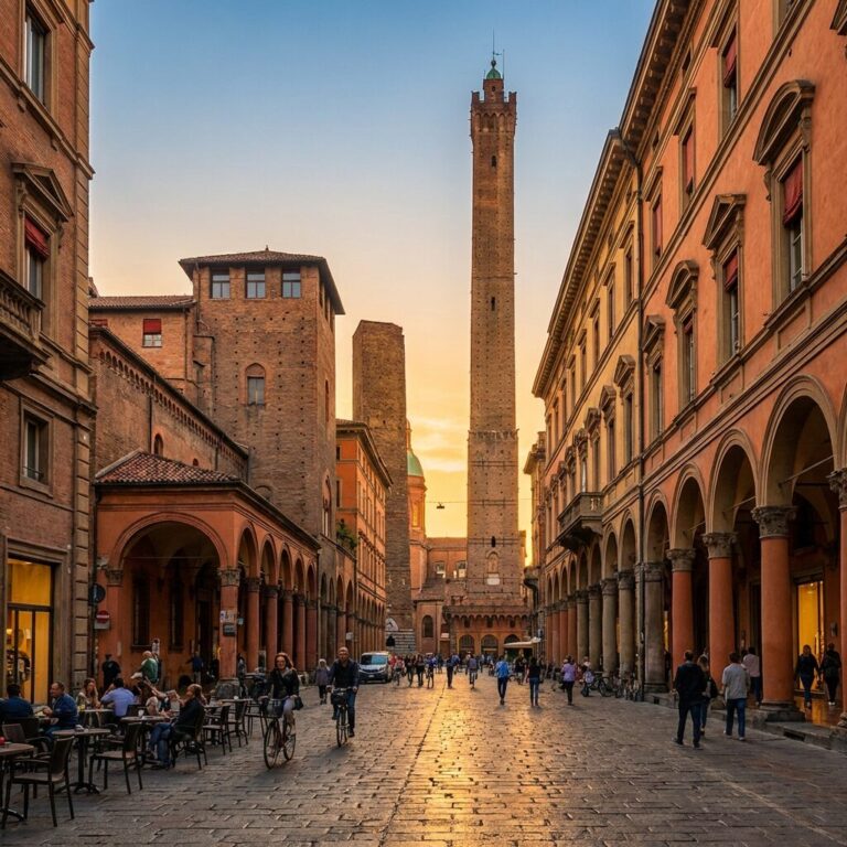 A bustling cobblestone street in Bologna, Italy, with people walking and cycling towards the Two Towers at sunset.