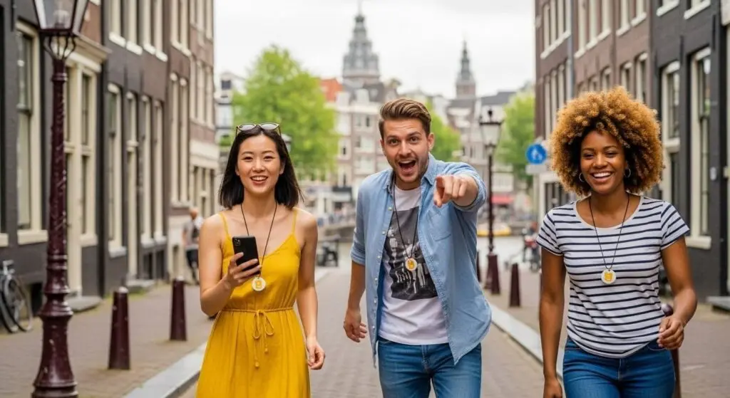Three colleagues laughing in an Amsterdam canal street during a team outing, one pointing ahead while another checks the game on her phone