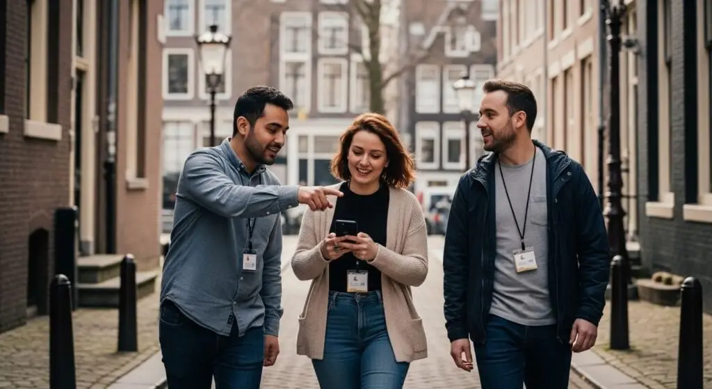 Three colleagues laughing over a phone while walking a canal street
