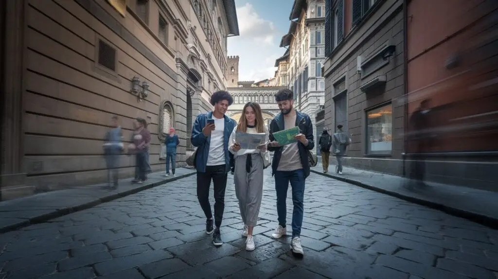 Three players with a map and a phone walking down the Uffizi colonnade in Florence, the Palazzo Vecchio tower ahead of them