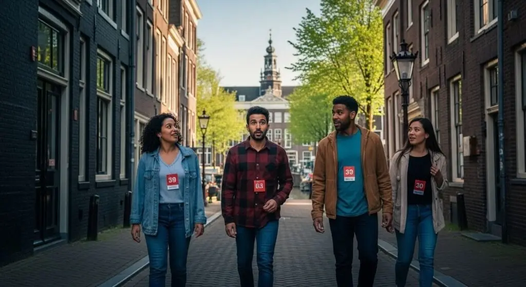 Group of four wearing name badges walking side by side down an Amsterdam street during a group activity, with a church tower in the background