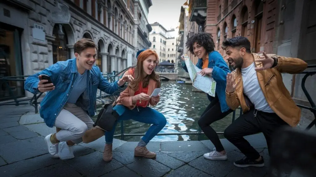 Four players laughing with phones and a paper map on a bridge over a canal during a city quest