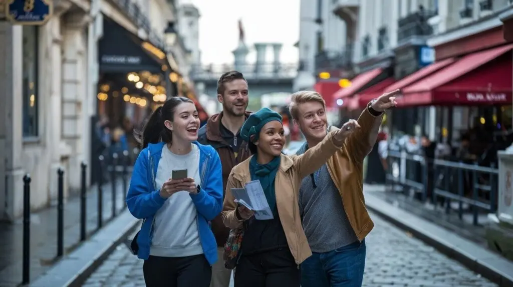 Four players on a Paris street during a city quest, one pointing ahead past a red café awning while another holds a phone