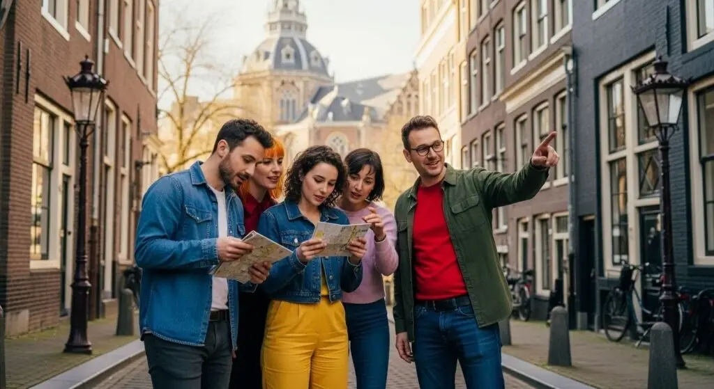 Group of five friends celebrating a birthday with a city game, reading a paper map in an Amsterdam canal street while one of them points the way