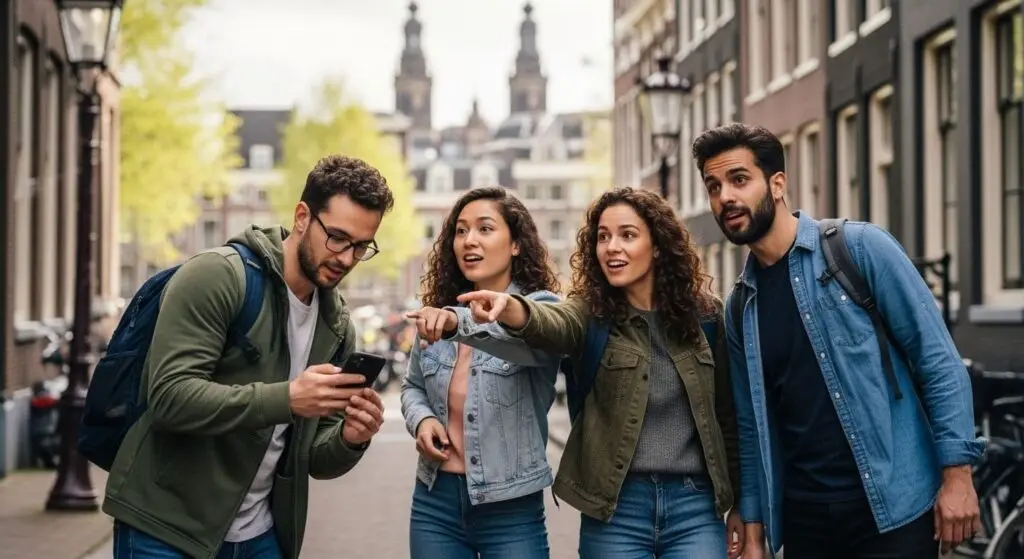 Four friends on an Amsterdam street pointing at a clue on a phone