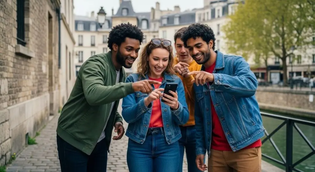 Three players huddled around a phone beside a canal railing, one pointing at a clue