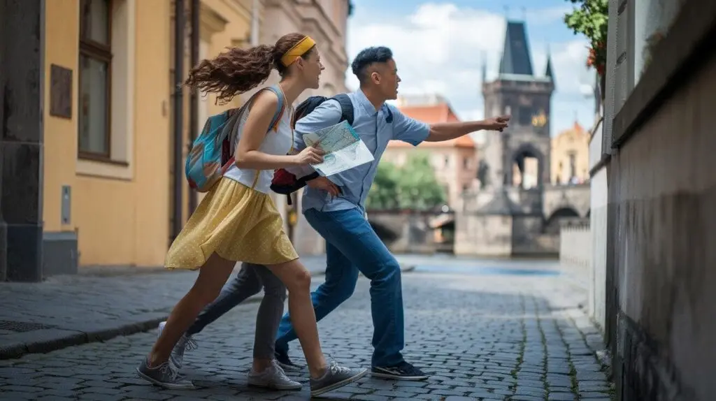 Three players hurrying along a cobbled Prague lane with a map, one pointing towards the Charles Bridge tower ahead