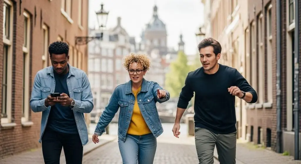 Three players hurrying through a narrow Amsterdam canal street during a breakout escape game, one checking the next clue on his phone