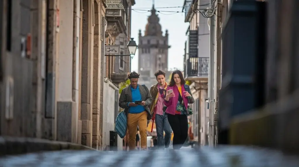 Three players walking up a narrow sloping street with their phones during a city quest, a church tower framed at the end of the street