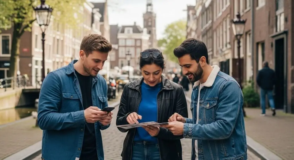 Three players solving a puzzle on their phones in a busy city street
