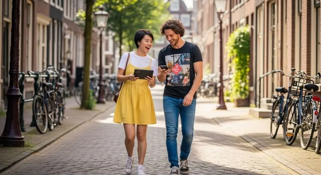 A couple walking hand in hand down a sunlit cobbled street lined with bicycles
