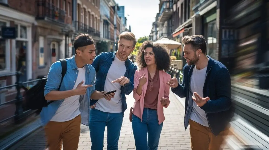 Four players with phones in a busy shopping street, working out their next stop