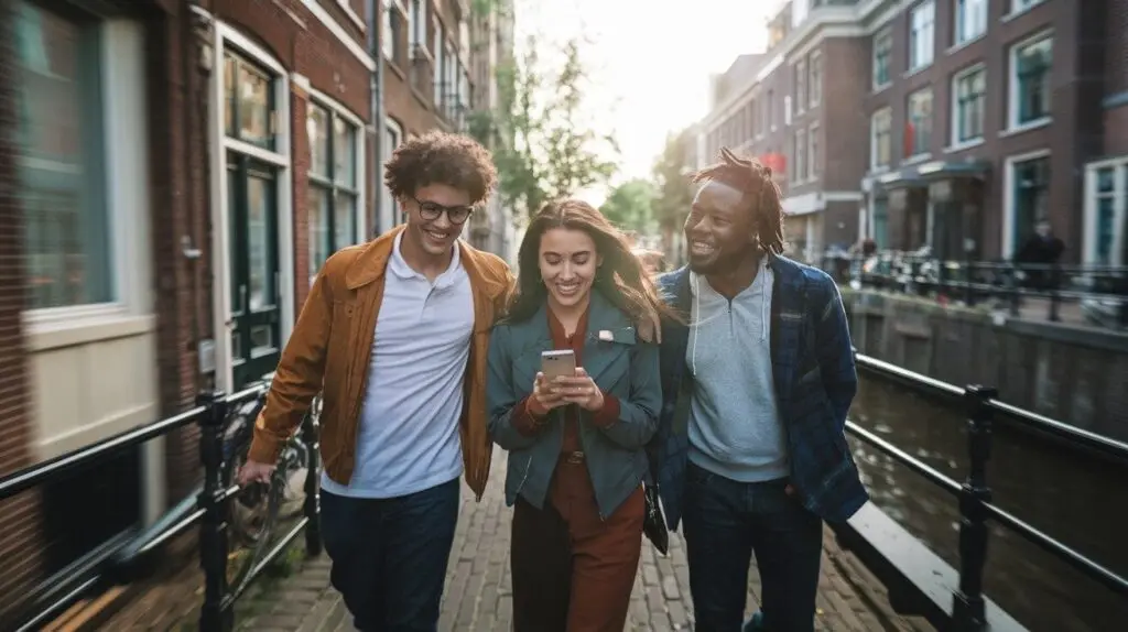 Three friends walking along a canal street, one following the route on his phone