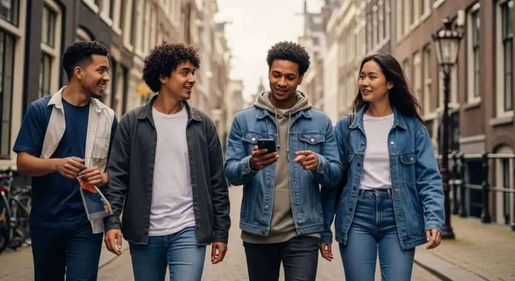 Four friends walking side by side through a city street, sharing a phone screen