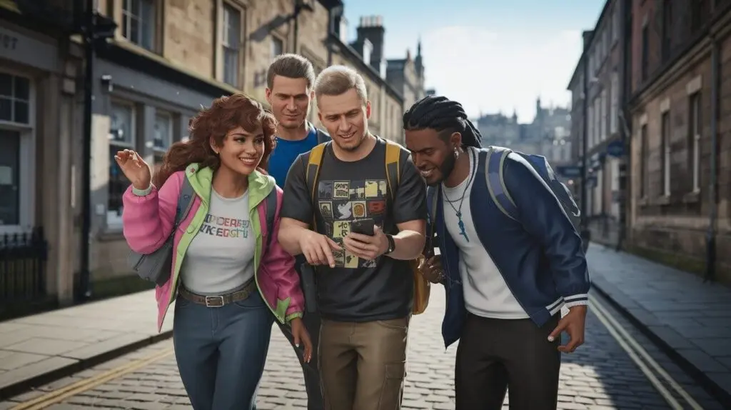 Four players sharing a phone on a cobbled Edinburgh street during a city quest, stone tenements rising on both sides
