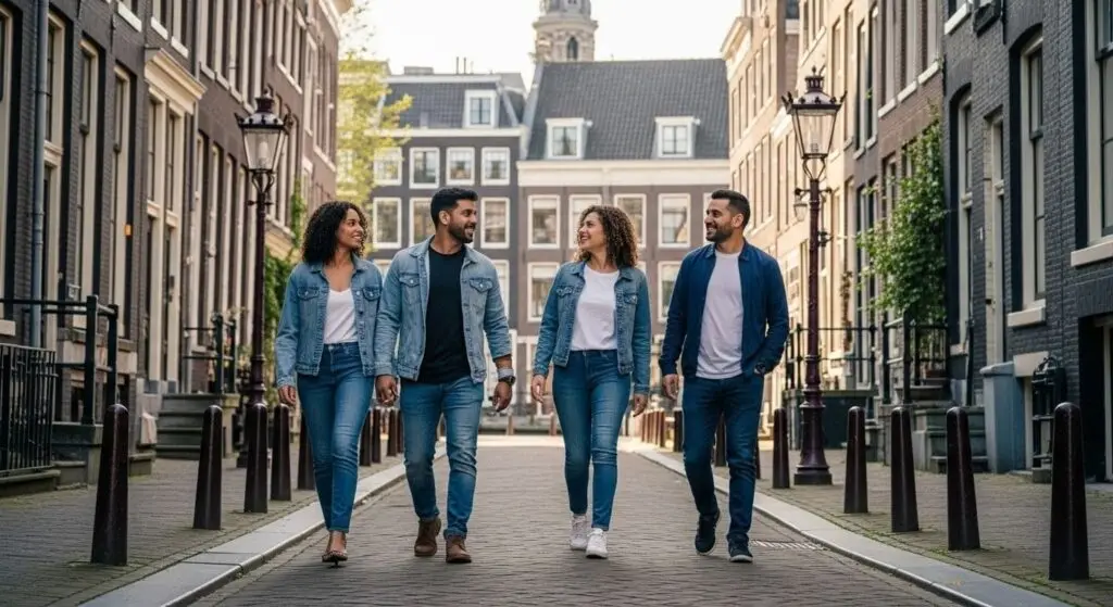 Four adults walking together along a quiet Amsterdam canal street lined with gabled houses during a family outing