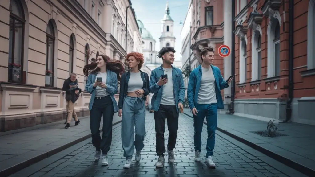 Four players walking with phones down a cobbled Vienna street lined with grand facades, a church tower at the end