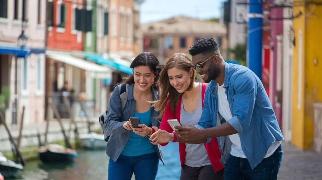 Three players comparing their phones during a city quest on a canal-side street lined with brightly painted houses