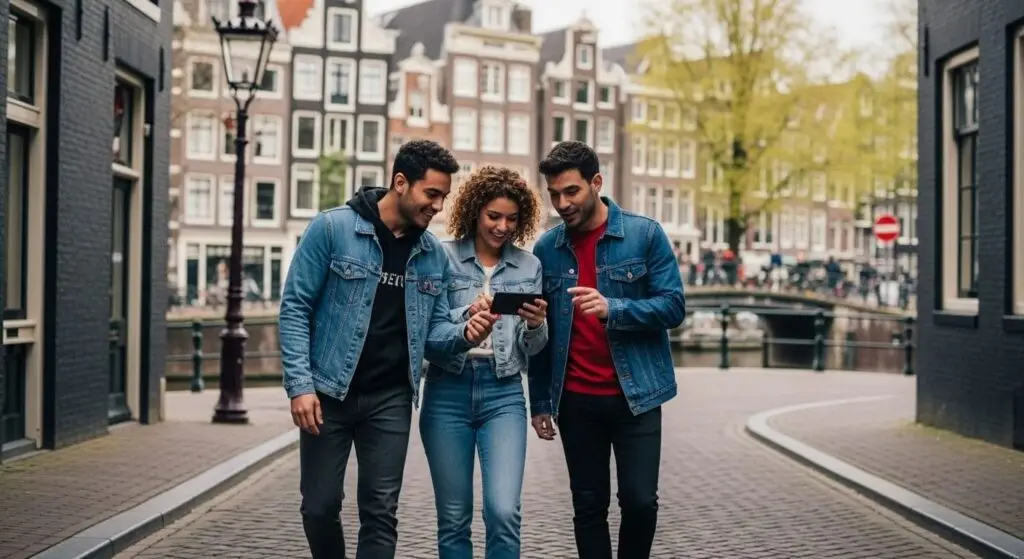 Three people on a city tour of Amsterdam looking together at a phone on a cobbled street, with a canal bridge and gabled houses behind them