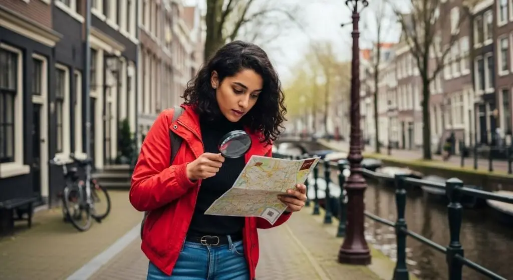 A player in a red coat studying a map with a magnifying glass beside a canal
