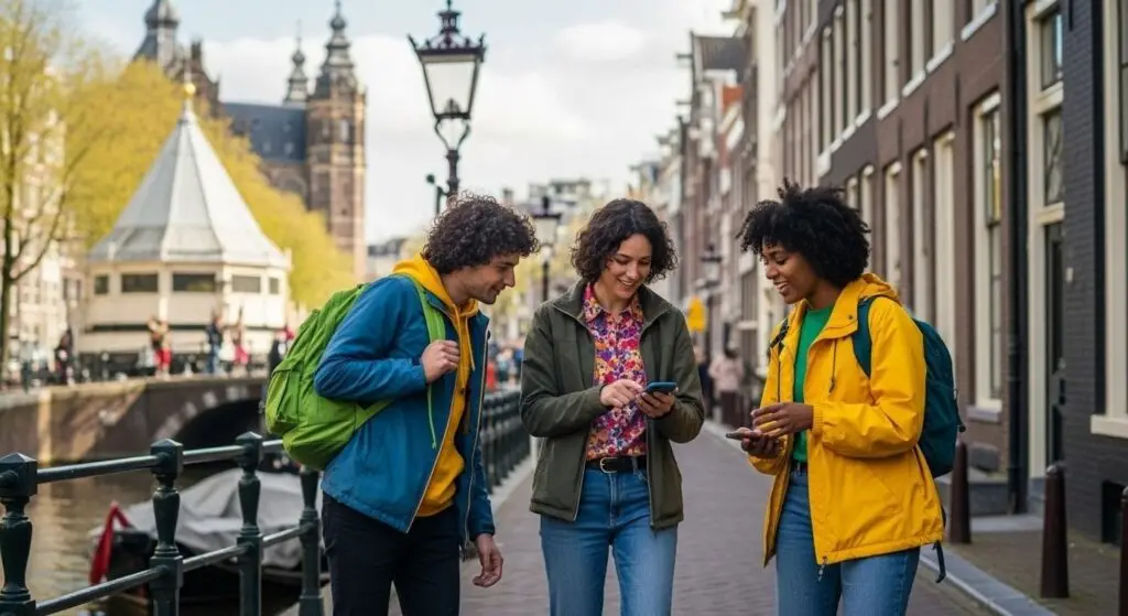 Four colleagues with backpacks checking a phone on an Amsterdam street