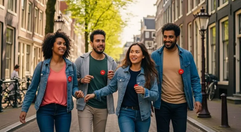 Four people walking together down a tree-lined Amsterdam street on an outdoor activity, wearing red team badges