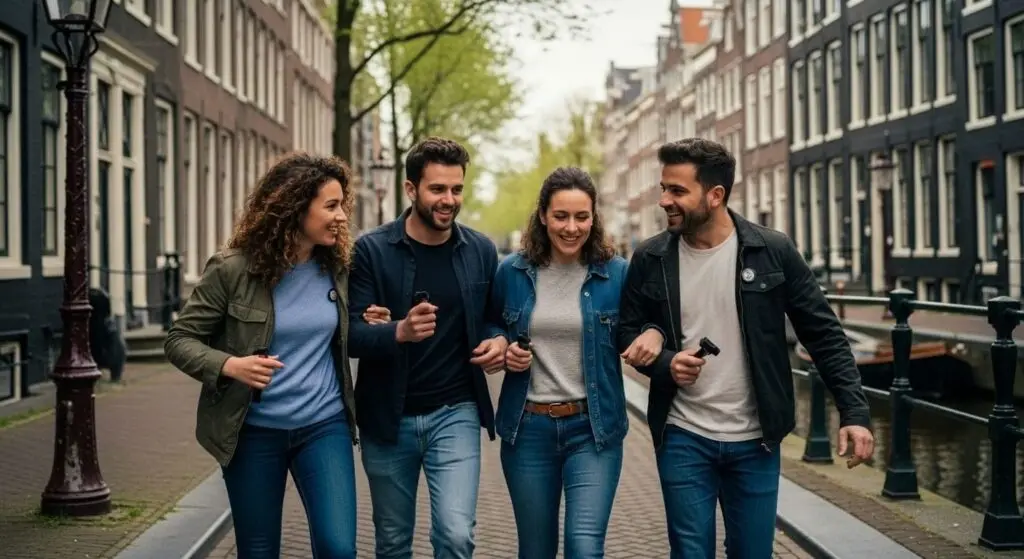 Four friends walking arm in arm across a canal bridge in Amsterdam on a day out together