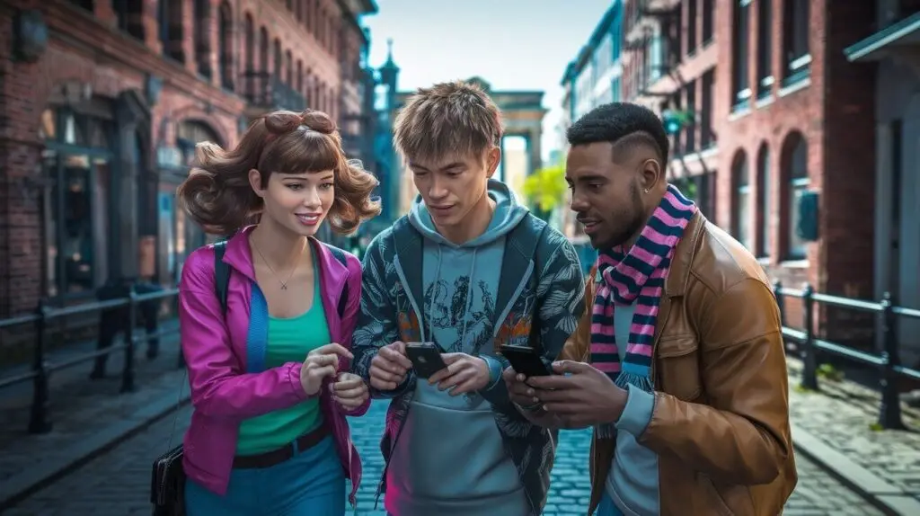 Three young people comparing their phones on a cobbled Berlin street during a city quest, with the Brandenburg Gate in the distance