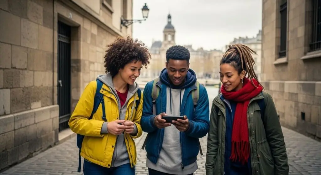 Three players in winter coats reading a clue on a phone in a narrow stone alley