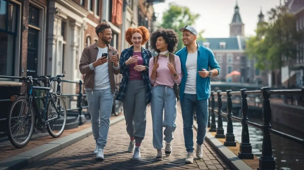 Four friends walking along an Amsterdam canal with their phones out during a city quest, bikes parked along the quay behind them