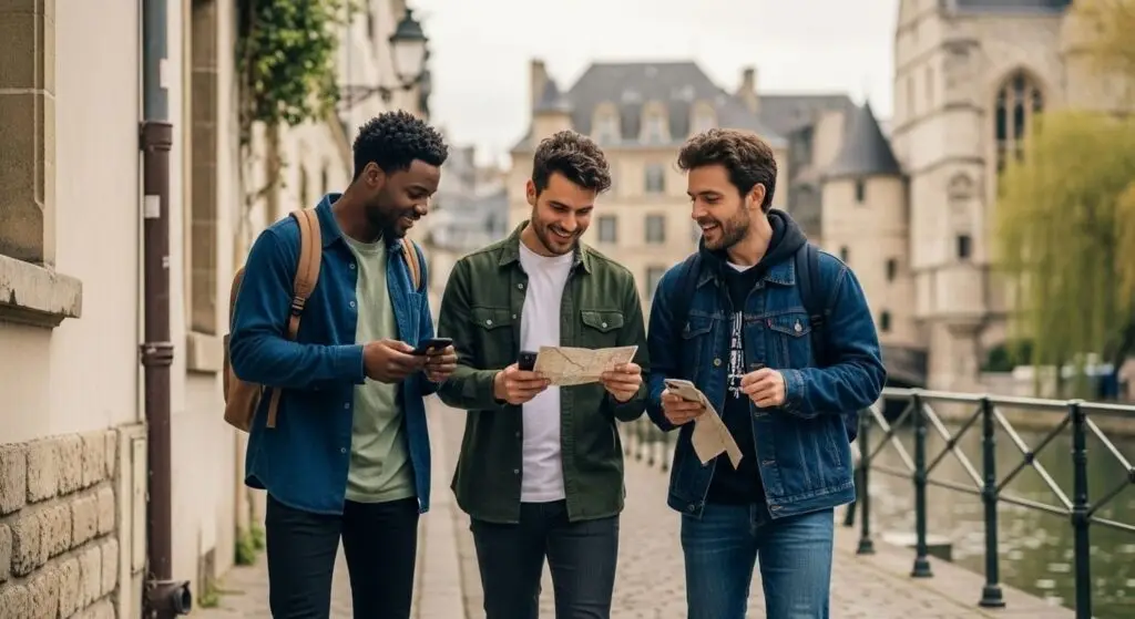 Four players holding a paper map beside a historic facade, deciding where to go next