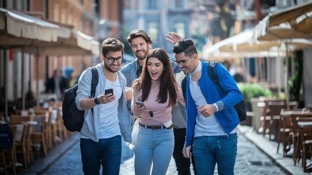 Four players laughing over a phone in a narrow street lined with café tables during a city quest