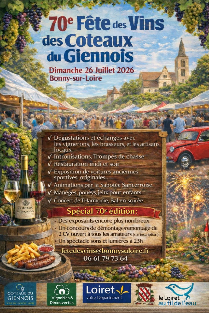70ème "FÊTE DES VINS DES COTEAUX DU GIENNOIS" le 26 juillet 2026 à Bonny s/Loire (45)
