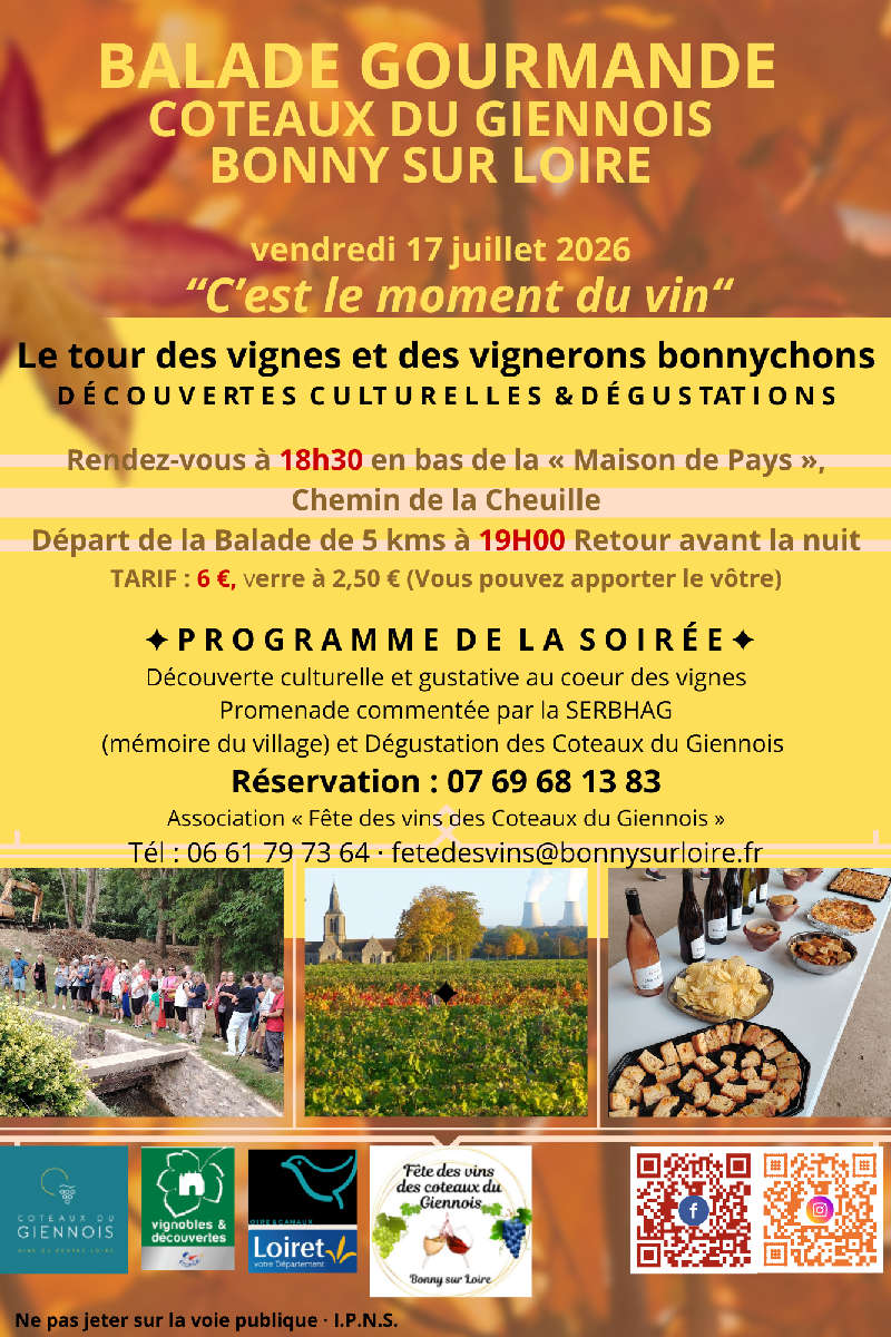 Balade Gourmande autour des Coteaux du Giennois
Le 17 juillet 2026 à BONNY SUR LOIRE (Loiret)
