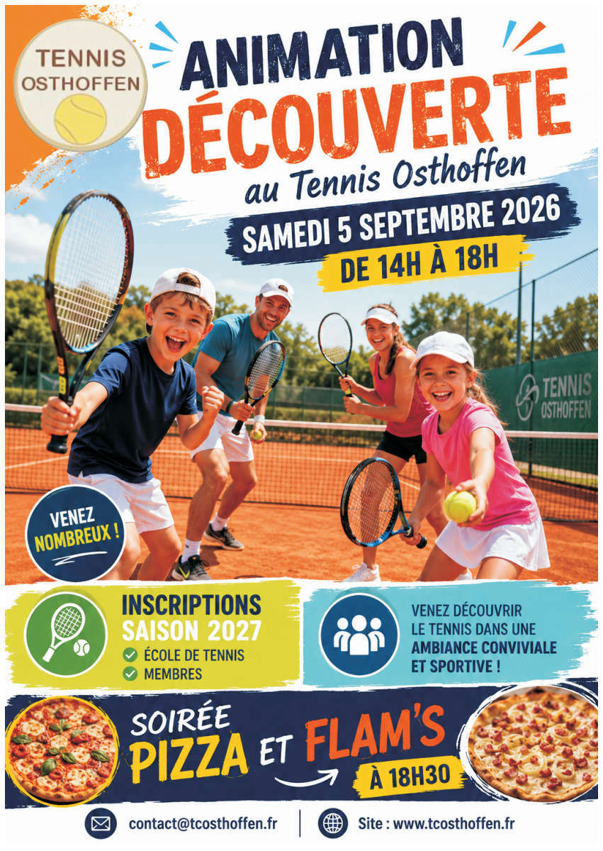 Animation decouverte Tennis au TC OSTHOFFEN SAMEDI 5 SEPTEMBRE et soirée Pizze et Flam's