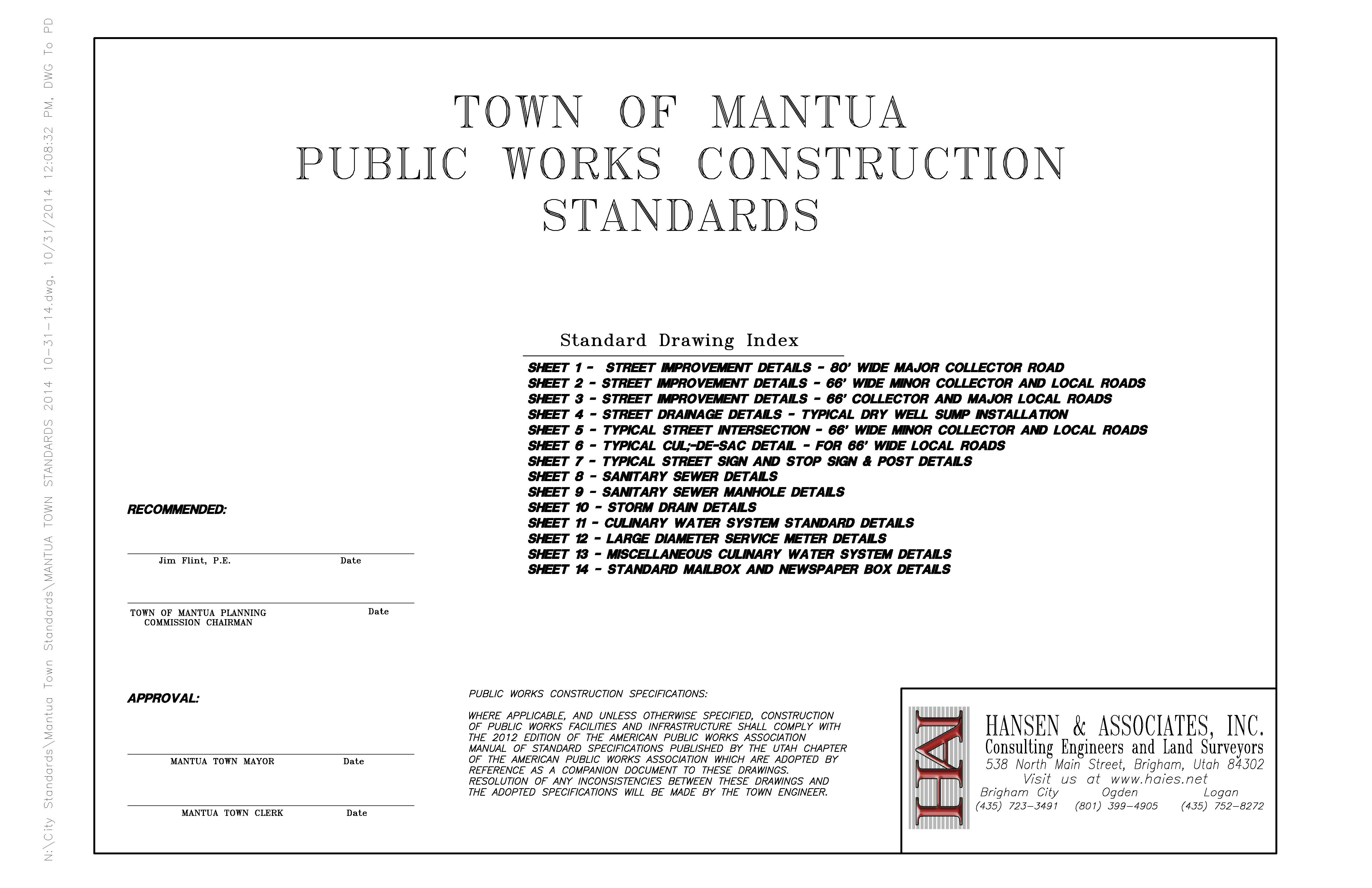 Town of Mantua Public Works Construction Standards Standard Drawing Index