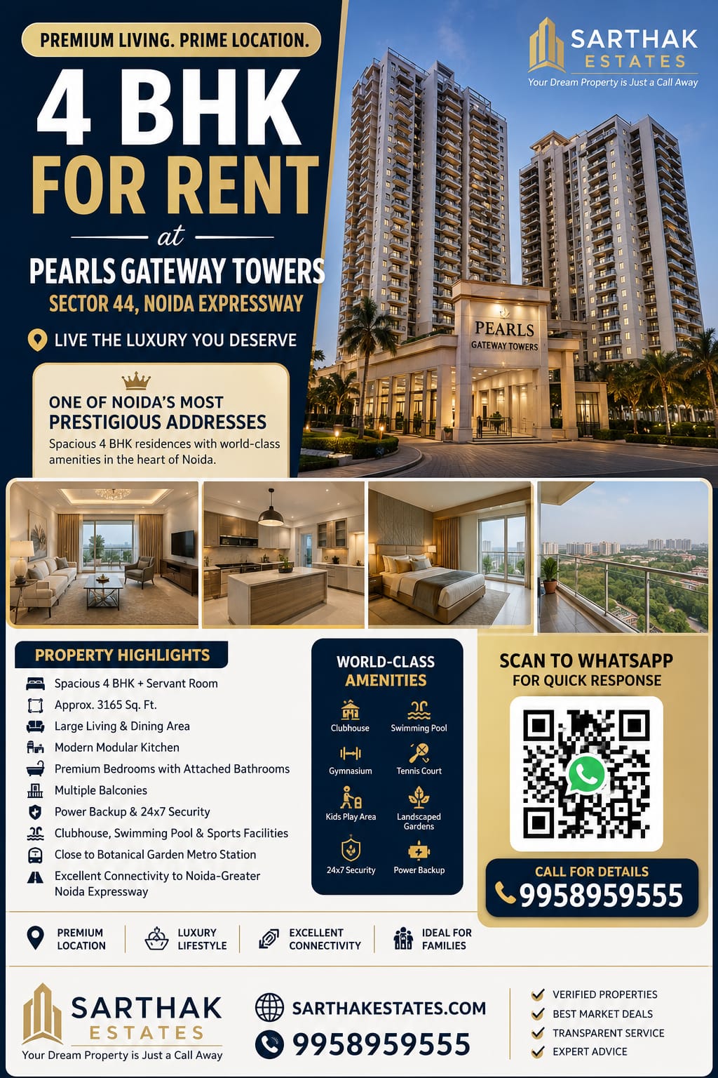 Furnished 4 BHK Flat for Rent in Pearls Gateway Towers, Sector 44, Noida