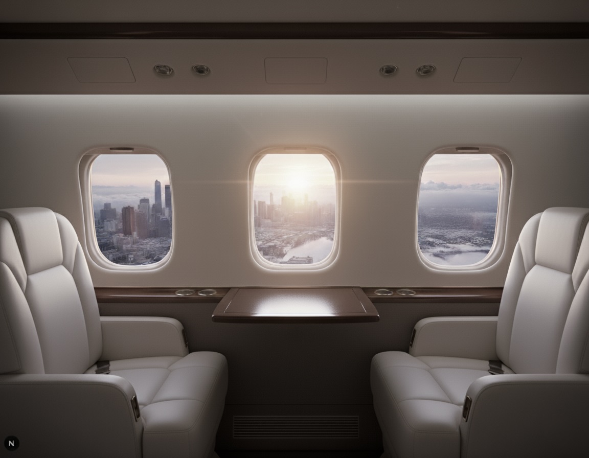 Luxury private jet interior with premium seating and amenities