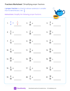 Simplifying proper fractions - Tea | Math Worksheet