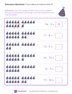 Count objects and subtract within 20 - Party Hat | Math Worksheet