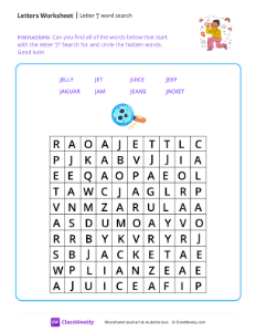 Letter J word search - Binoculars | Reading & Writing Worksheet