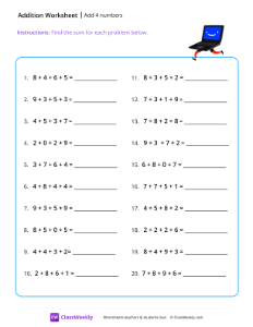 Adding 4 numbers - Computer | Math Worksheet