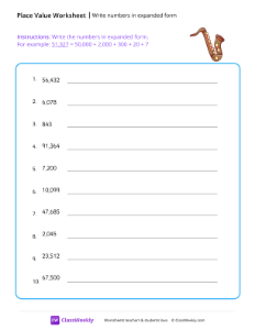 Write numbers in expanded form - Saxophone | Math Worksheet