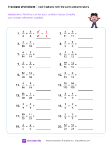 Add fractions with like denominators - Aviator | Math Worksheet