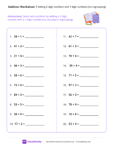 Add a 2-digit and 1-digit number, no regrouping - Purple Notebook | Math Worksheet